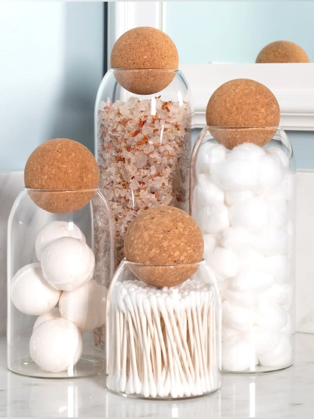 2 Tall Clear Glass Storage Jars with Cork Ball Lid ( Set of 2 Jars)